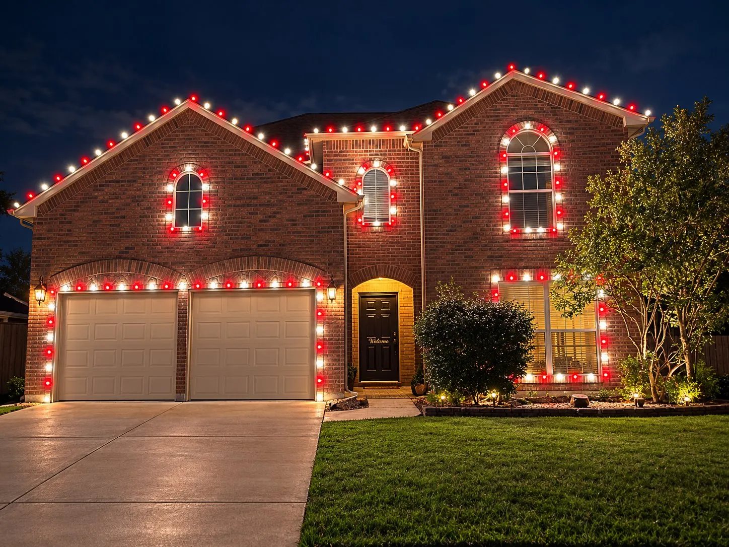 Rendering of a two-story brick home with alternating red and white bulbs outlining the roofline, arched windows and garage