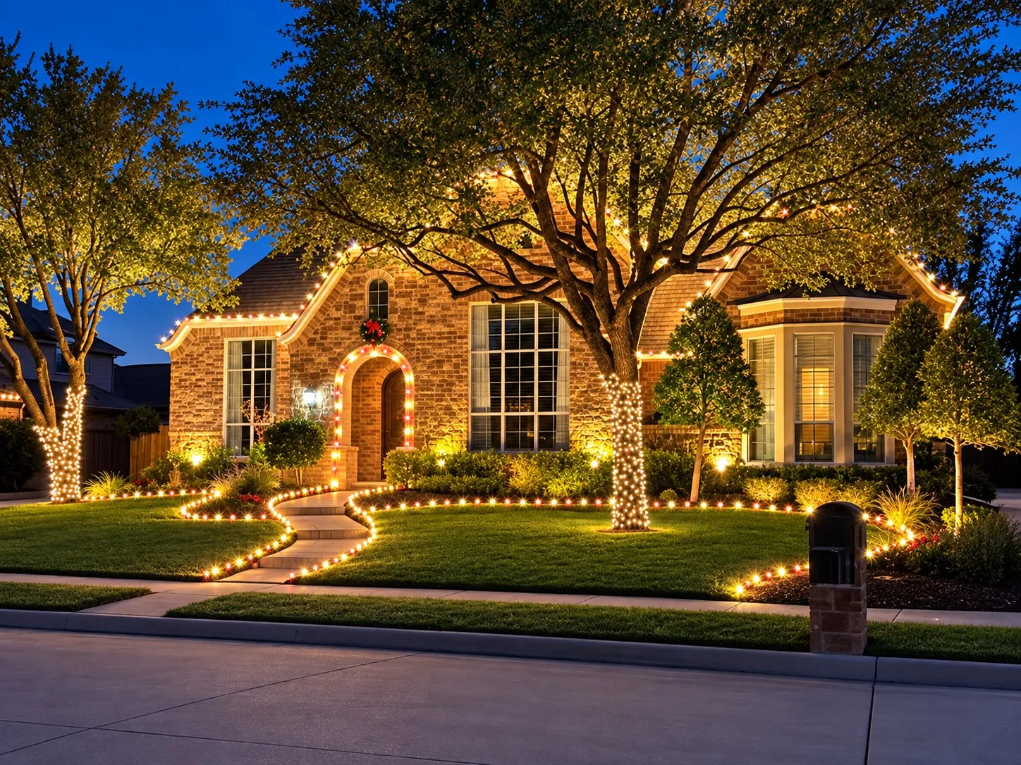Rendering of a brick home under large trees with warm white roofline lights, wrapped tree trunks and a lit walkway