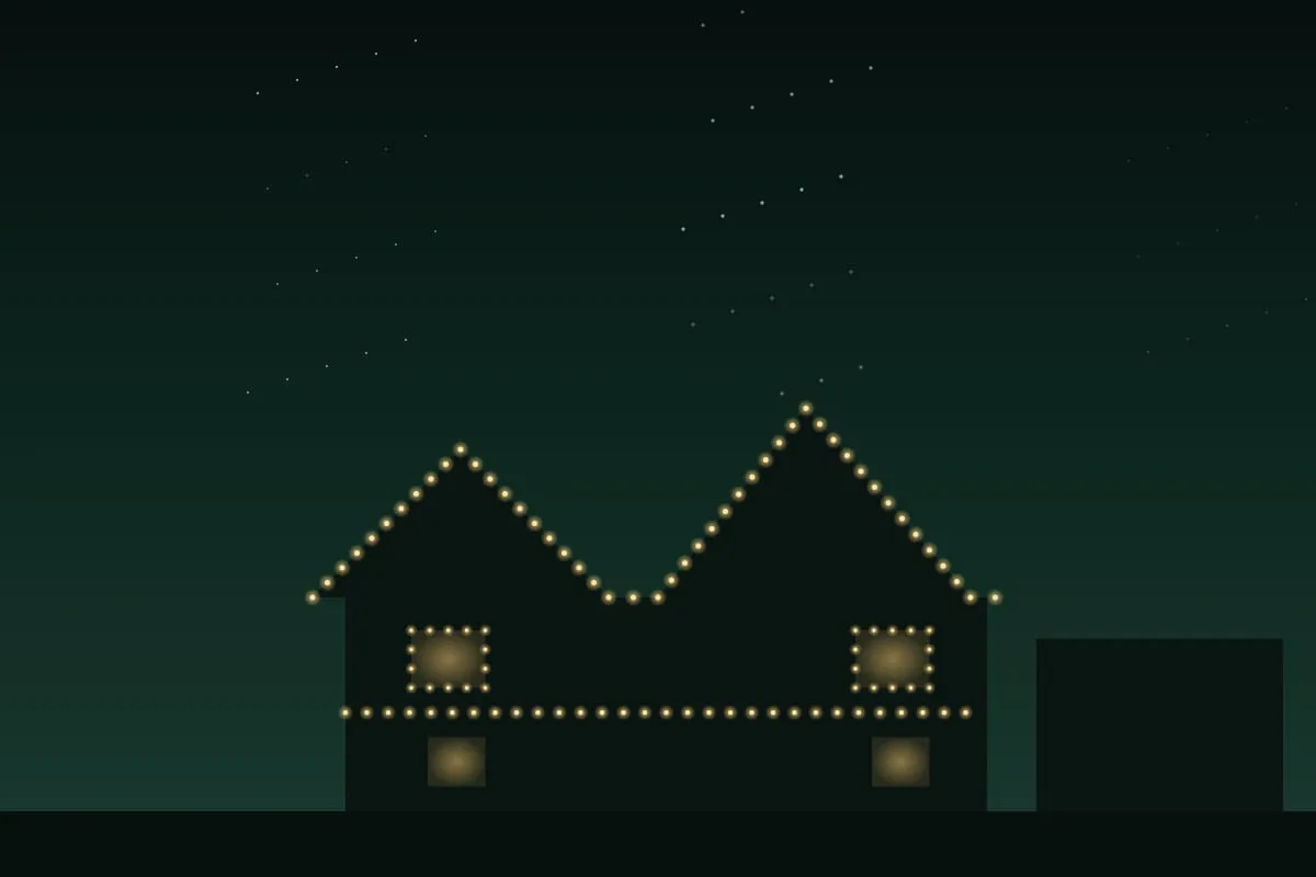 Illustration of a two-story home outlined with warm white Christmas lights